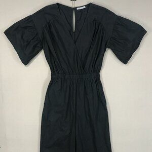 TART Jumpsuit Women's Small Black Poplin V-Neck Puff Sleeve Straight Leg Pockets